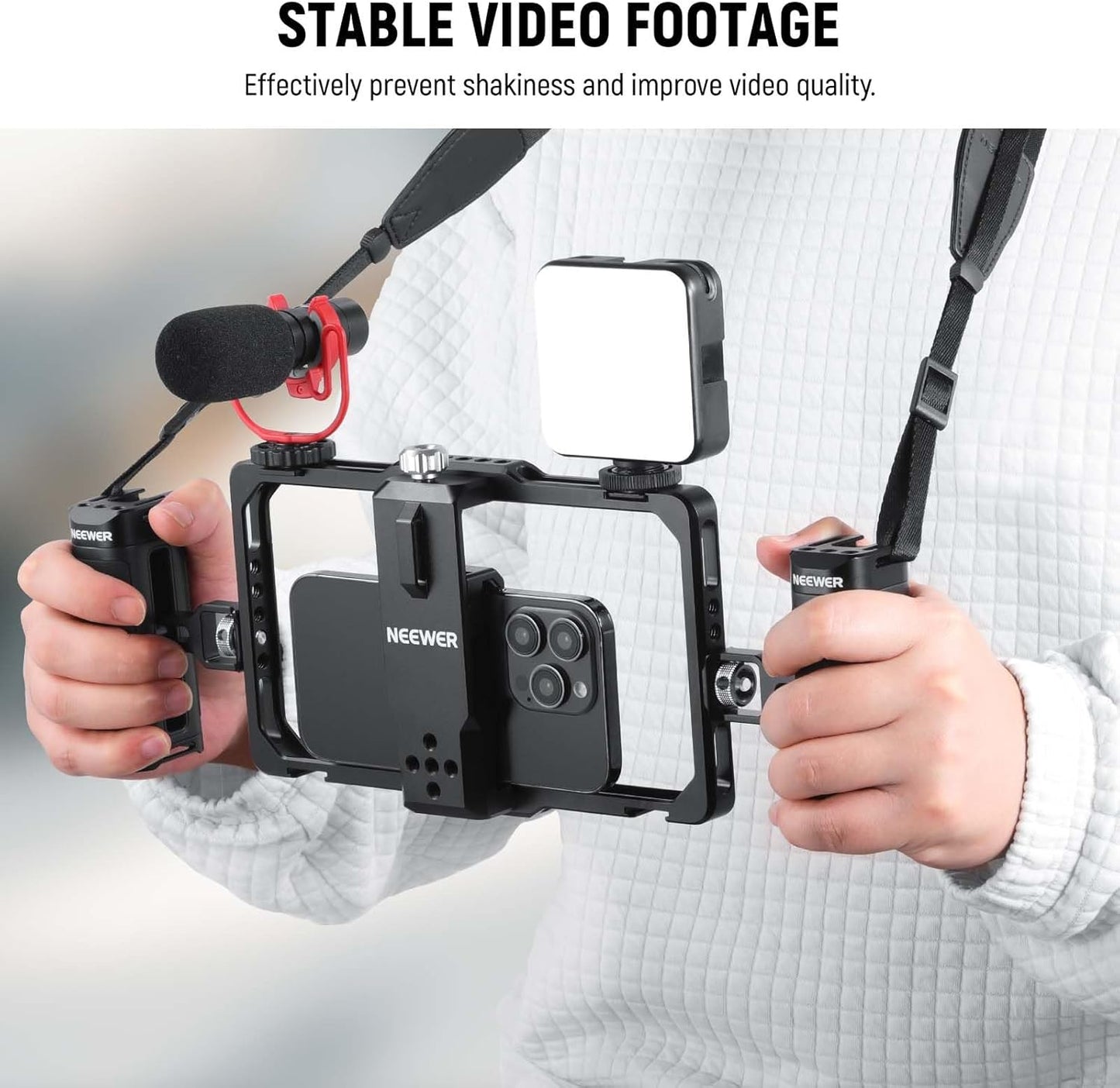 NEEWER Smartphone Video Rig with Neck Strap/Dual Handle/Lavalier Mic Clip Slot Compatible with SmallRig Video Recording Phone Cage Stabilizer for iPhone 16 15 Pro Max Galaxy S23 Pixel 8 Pro, PA009S