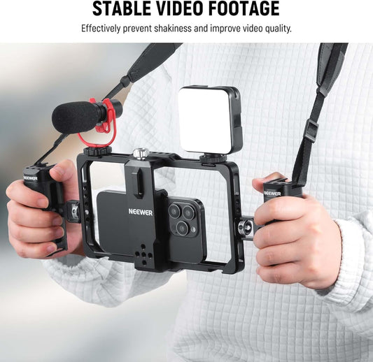 NEEWER Smartphone Video Rig with Neck Strap/Dual Handle/Lavalier Mic Clip Slot Compatible with SmallRig Video Recording Phone Cage Stabilizer for iPhone 16 15 Pro Max Galaxy S23 Pixel 8 Pro, PA009S