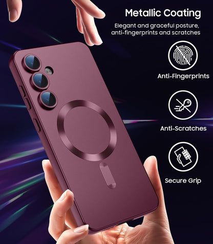 Magnetic for Samsung Galaxy S25 Case [Compatible with MagSafe][Built-in Camera Lens Protector] Slim Soft Silicone Bumper Shockproof Metallic Luster Phone Shell (Burgundy)