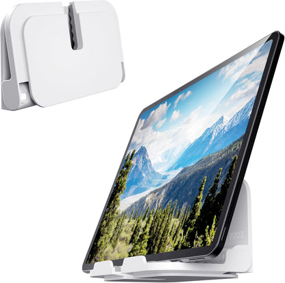 pzoz Wall Mount Cell Phone Holder for Outlet, Foldable Cellphone Stand for Mirror Bathroom Shelf Shower Bedroom Kitchen or Dorm Charging, Compatible with iPhone iPad or Tablet (White)