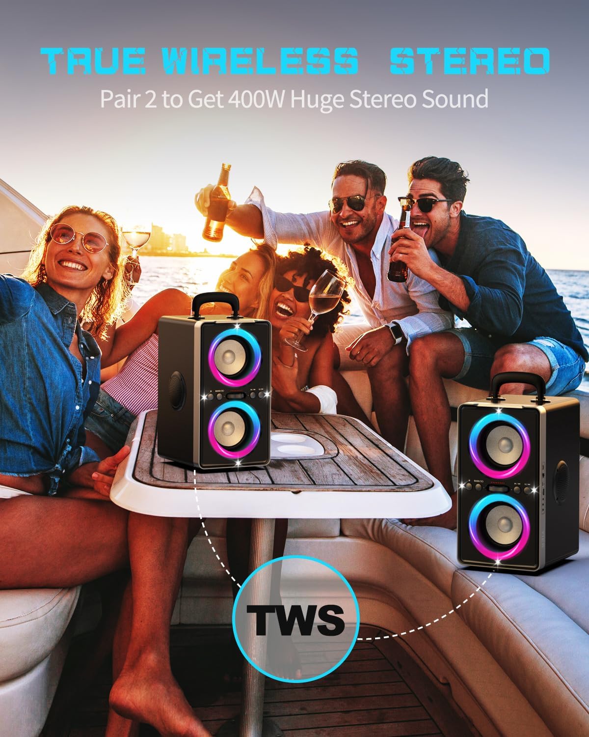 Bluetooth Speaker, 200W(Peak) Loud Stereo with Deep Bass, 20H Playtime, TWS, 30W Fast Charging, Portable Handle, Wireless Large Boombox with LED Light for Party Outdoor Backyard Beach