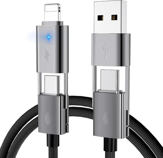 2Pack 4 in 1 USB C Cable Fast Charging PD 65W 27W Multi Charger Cord with Type C/USB A/L Port, 3FT Round Braided Dual USB-C Cable for iPhone 16 15 14 Pro Max/Samsung/i-Pad/MacBook