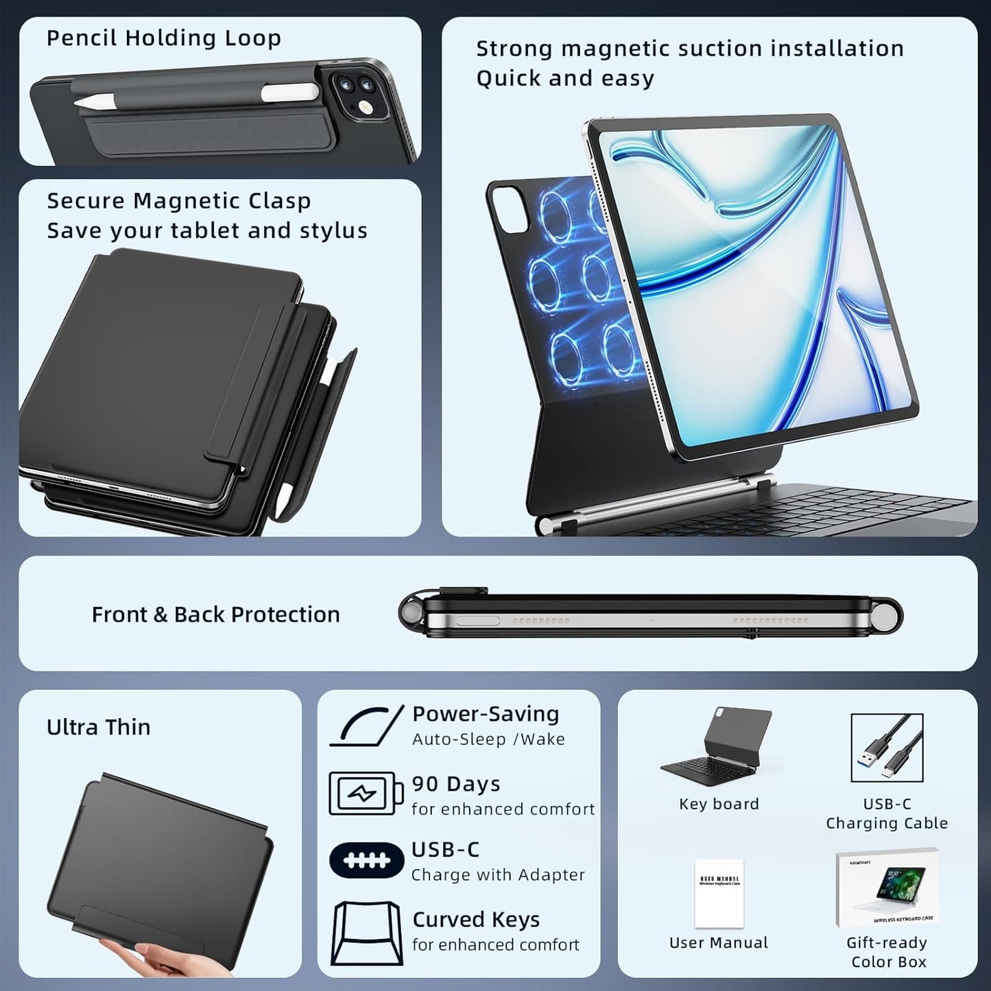 for iPad Air 13 inch Case with Keyboard (M3,2025 / M2,2024), iPad Pro 12.9 (6th/5th/4th/3rd Gen) Magic Keyboard, Springy Backlit Keys, Stain-Resistant Surface, Multi-Touch Trackpad, Black