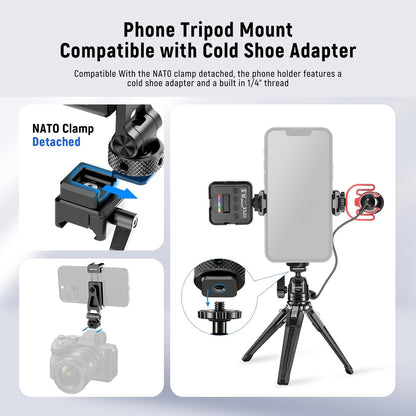 Neewer Metal Phone Tripod Mount with Cold Shoe Mount NATO Clamp Compatible with DJI RS4 RS3 Pro RS2 RSC2 Gimbal Stabilizer, 180° Tilt Phone Clip Holder Compatible with iPhone 15 Pro Camera Cage, GA010