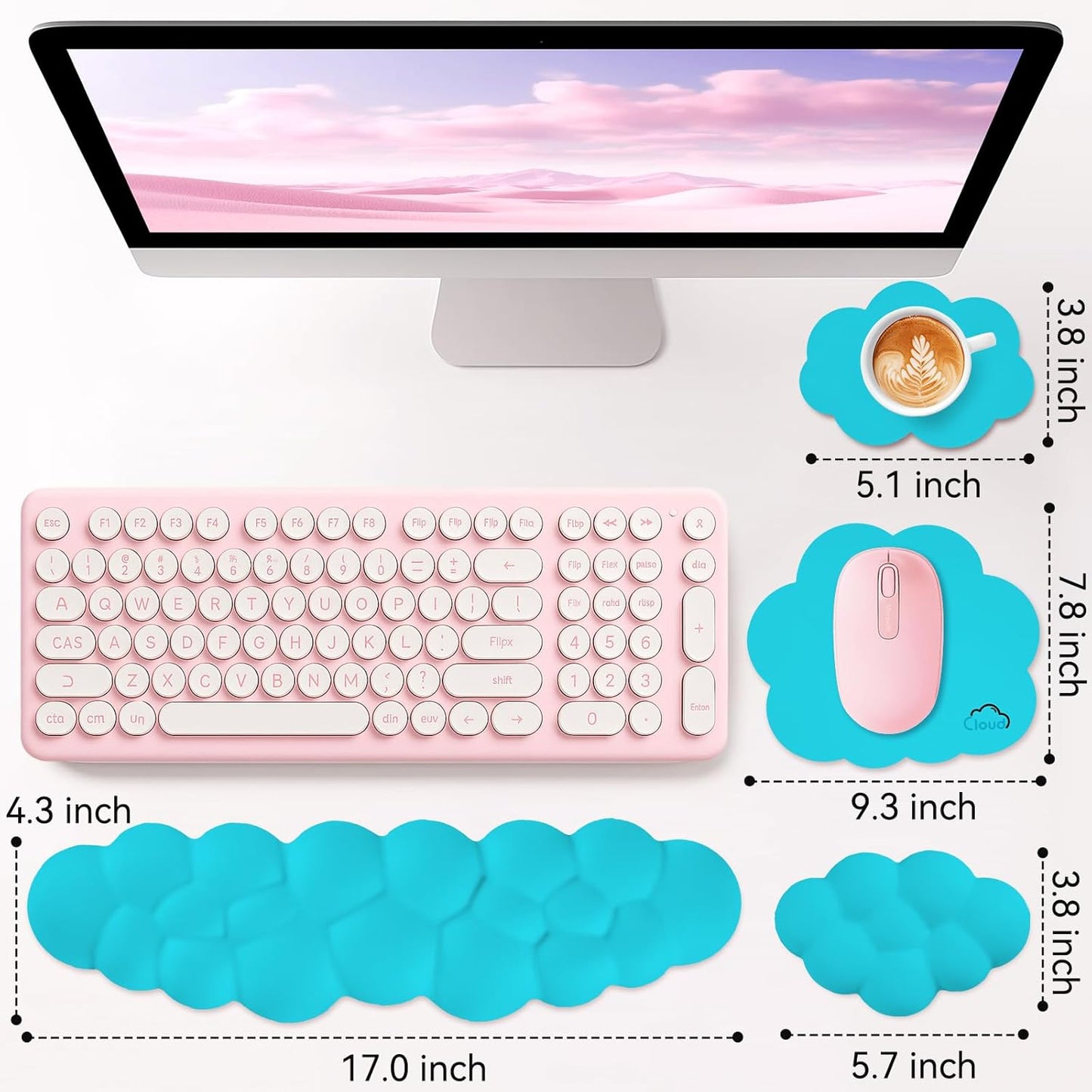 Cloud Wrist Rest for Computer Keyboard, 4-in-1 Memory Foam Leather Cloud Keyboard Wrist Rest and Mouse Pad Set with Ergonomic Support for Arm and Palm Cushion, Gaming/Work Setup, Scuba Blue