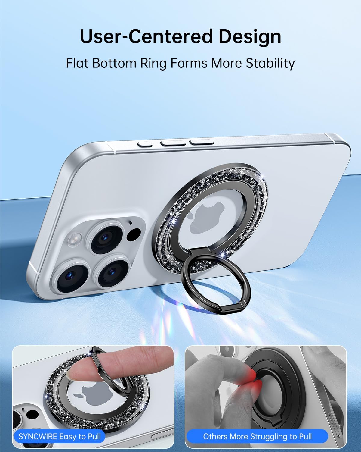 SYNCWIRE Magnetic Phone Ring Holder for MagSafe - Glitter Phone Grip Stand with 360° Rotation & Reinforced Hinge, Compatible with iPhone 16 15 14 13 Pro Max Plus MagSafe Accessories - Glitter Black