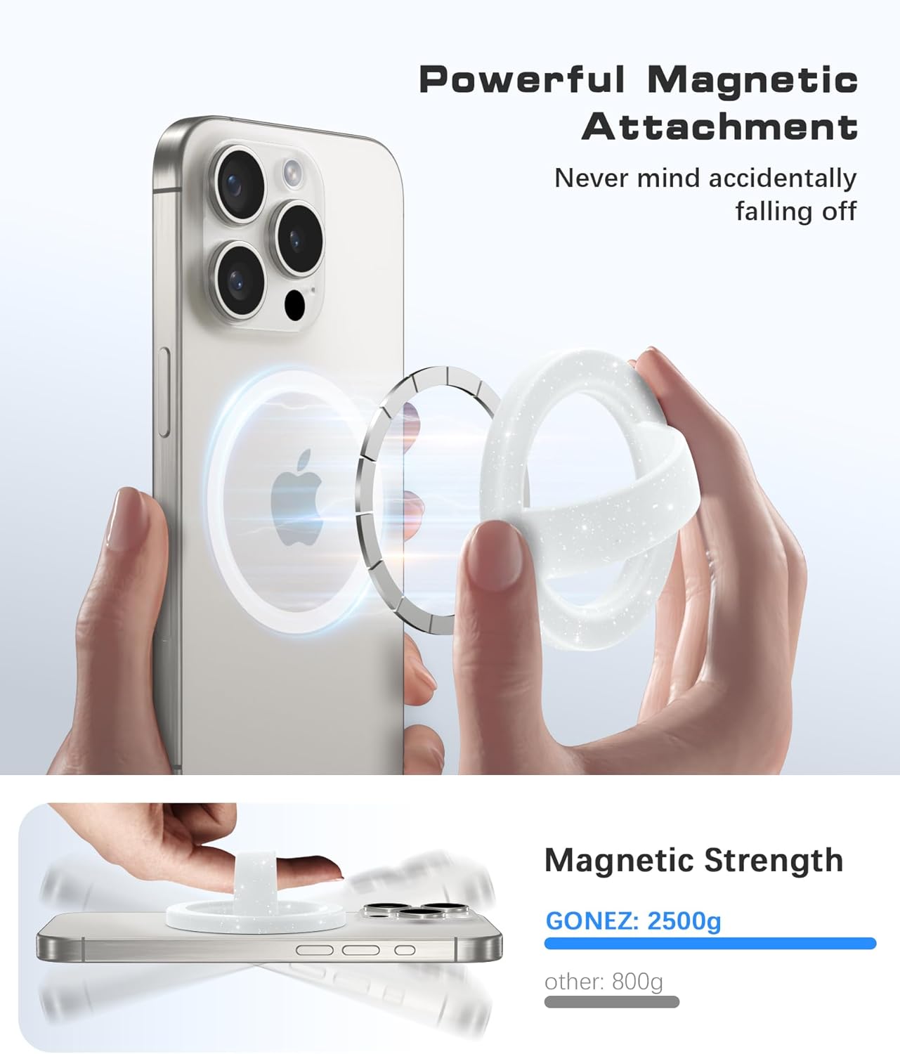 GONEZ Magnetic Phone Grip Compatible with MagSafe, Removable Silicone Loop Grip, Phone Ring Holder for Back of Phone for iPhone 16/15/14/13/12 Series, Glitter White