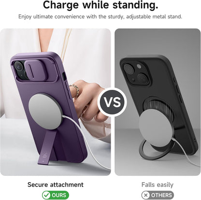 SURITCH for iPhone 14 Plus/15 Plus Case with Magnetic Camera Slide Cover and Adjustable Kickstand, Compatible with MagSafe, Shockproof Bumper Case Slim Protective Cover 6.7 Inch, Dark Purple