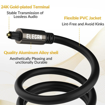 Elecan Optical Audio Cable 150 Ft Digital Audio Toslink Cable Cord-Fiber Optic-Gold Plated-Flexiable&Durable-for Home Theater,Sound Bar,PS4&Xbox-with 4 Right Angled and Mini Toslink Adapters+Ties