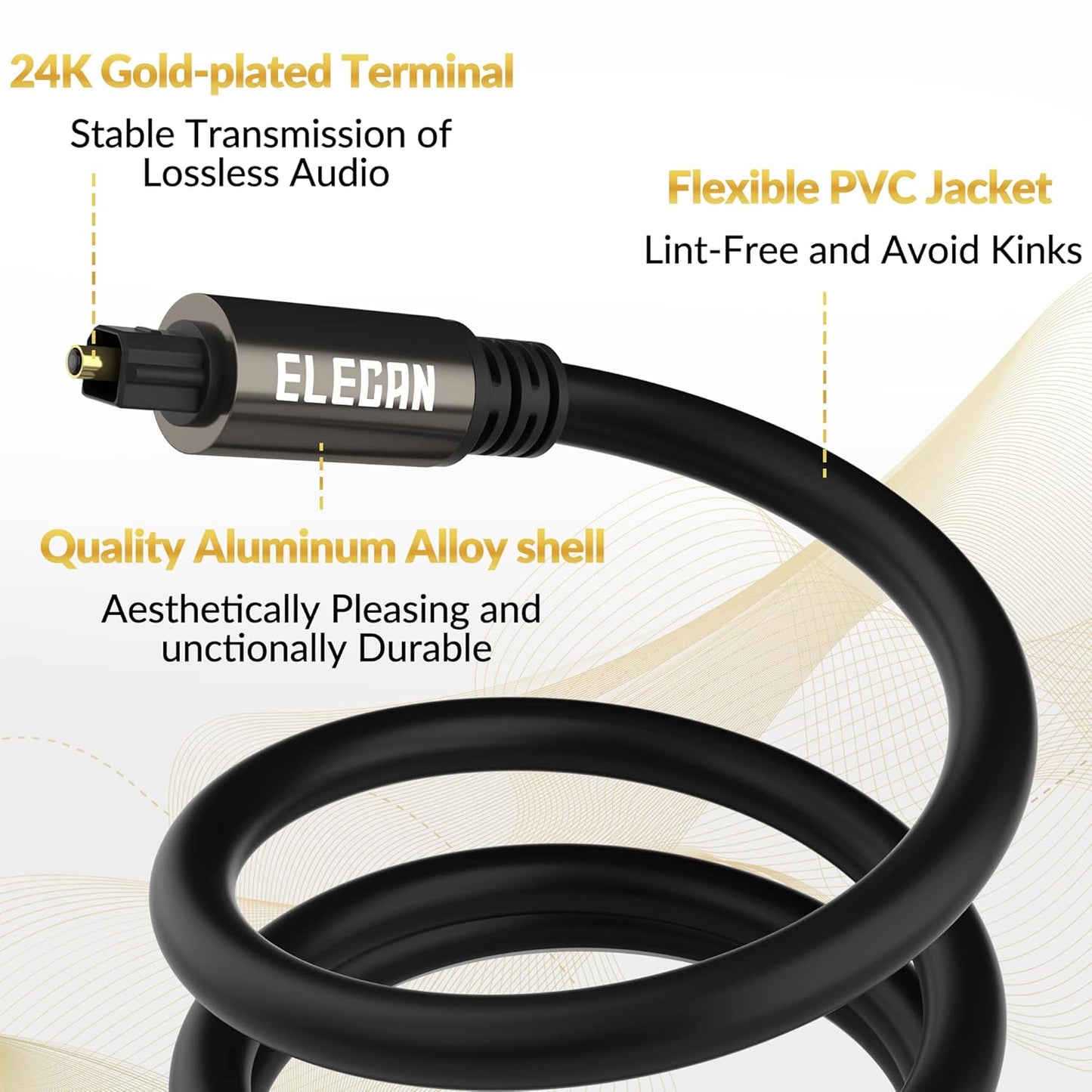 Elecan Optical Audio Cable 6 Ft/2 Pack Digital Audio Toslink Cable Cord-Fiber Optic-Gold Plated-Flexiable&Durable-for Home Theater,Sound Bar,PS4& Xbox-with Right Angled+Mini Toslink Adapters+Ties