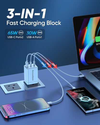 [2 Pack] USB C Charger Block 160W, 3-Port GaN Super Fast Charger, Dual 65W Type C Charging Block, Foldable QC3.0 Laptop Fast Charging for MacBook, iPhone, Samsung, Galaxy, iPad, Android, White