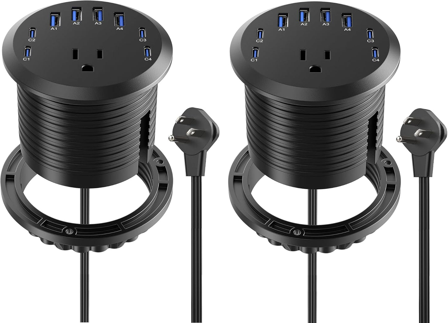 Jgstkcity 65W USB-C Hidden Desktop Power Grommet: 1 AC Outlet,8 USB Charging Ports,3'' Hole Flush Mount Pop-Up Power for Conference Tables & Nightstands (Black, 6 FT - 2PCS)