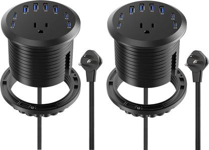 Jgstkcity 65W USB-C Hidden Desktop Power Grommet: 1 AC Outlet,8 USB Charging Ports,3'' Hole Flush Mount Pop-Up Power for Conference Tables & Nightstands (Black, 6 FT - 2PCS)