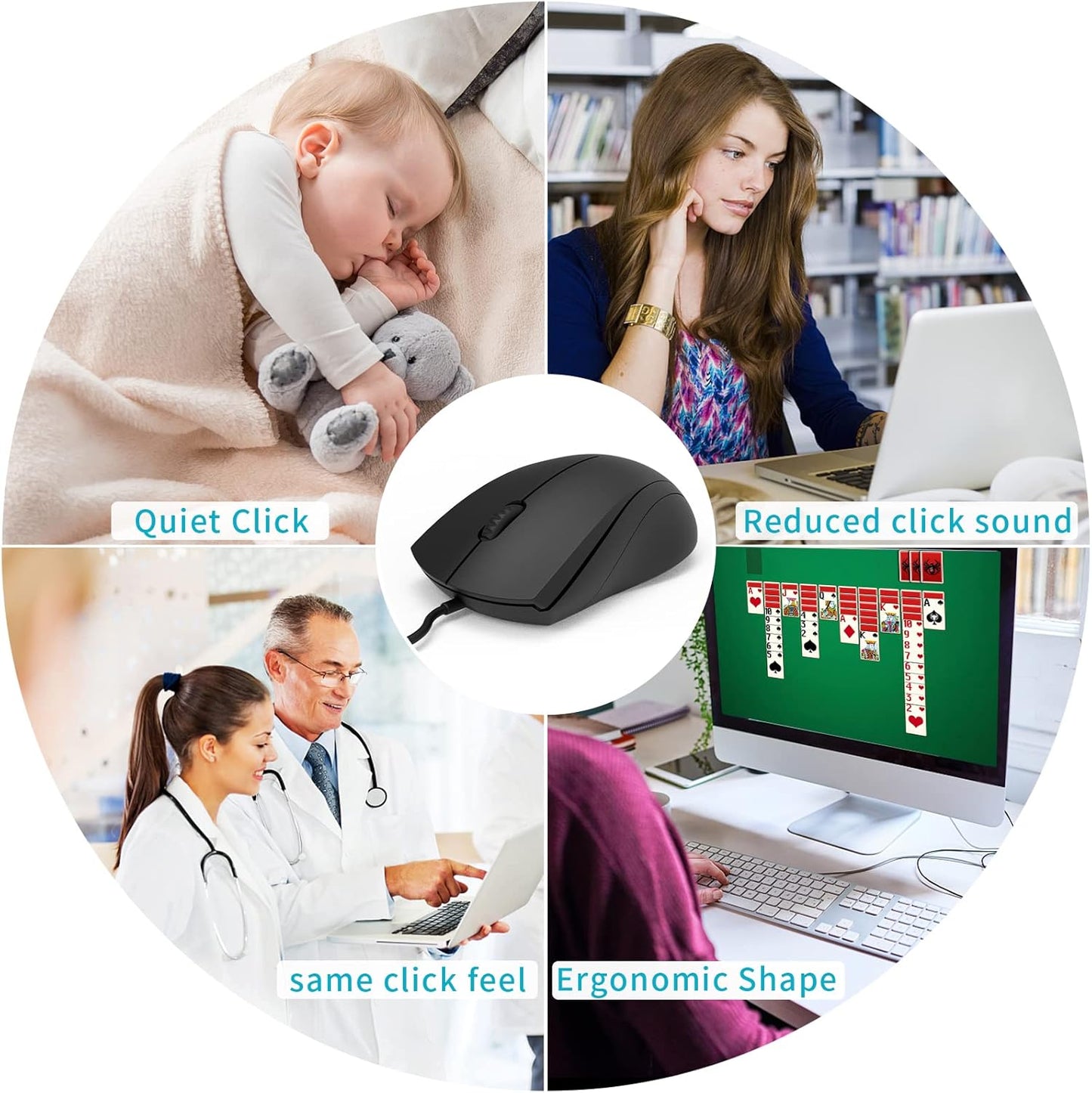 Rapoo Silent Wired Mouse, 1000 DPI 5ft Cord Quiet Button Optical Computer Mouse, Left Right Hand Use, for Laptop Chromebook Mac Notebook, Matte Black