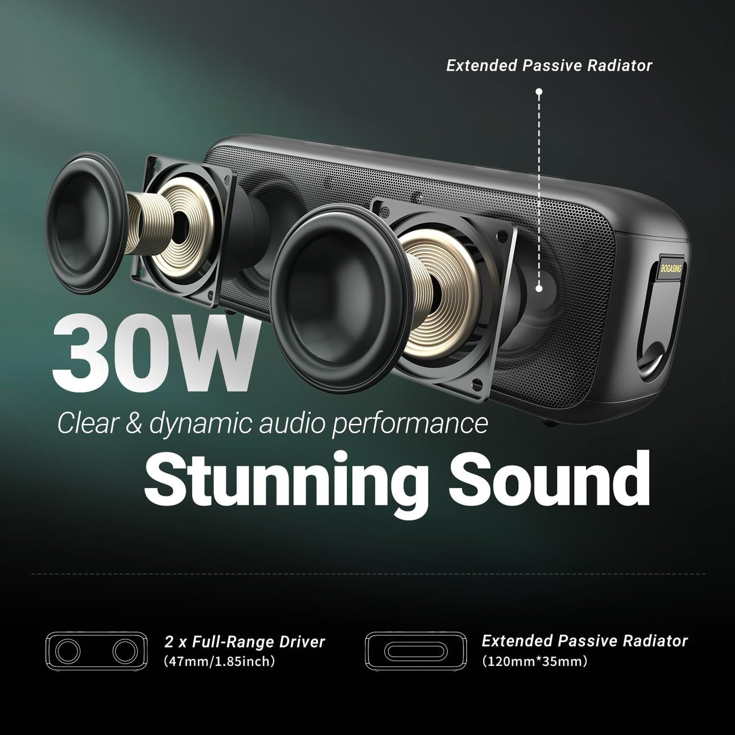 BOGASING G6 Bluetooth Speaker, Portable Wireless Speakers with 30W Punchy Sound, 35H Playtime, IPX6 Waterproof, Bluetooth 5.3, Built-in Mic, EQ, TF-Card, AUX, USB Stick for Outdoors Hiking (Beige)