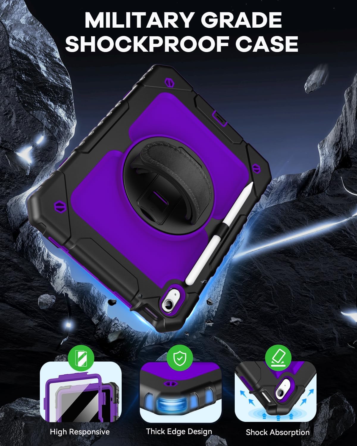 Cantis Case for iPad 11-inch (A16) 2025/ iPad 10th Generation 2022 (10.9 inch) with Screen Protector, iPad 11th Case with 360 Degree Rotating Stand/Shoulder Strap/Pencil Holder, Black+Dark Purple