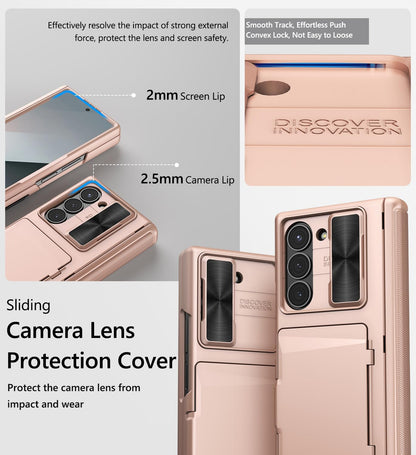 Vihibii for Samsung Galaxy Z Fold 6 Case with Card Holder & Slide Camera Cover & Screen Protector & Hinge Protection, Full Cover Shockproof Wallet Phone Case for Samsung Galaxy Z Fold 6, Rose Gold