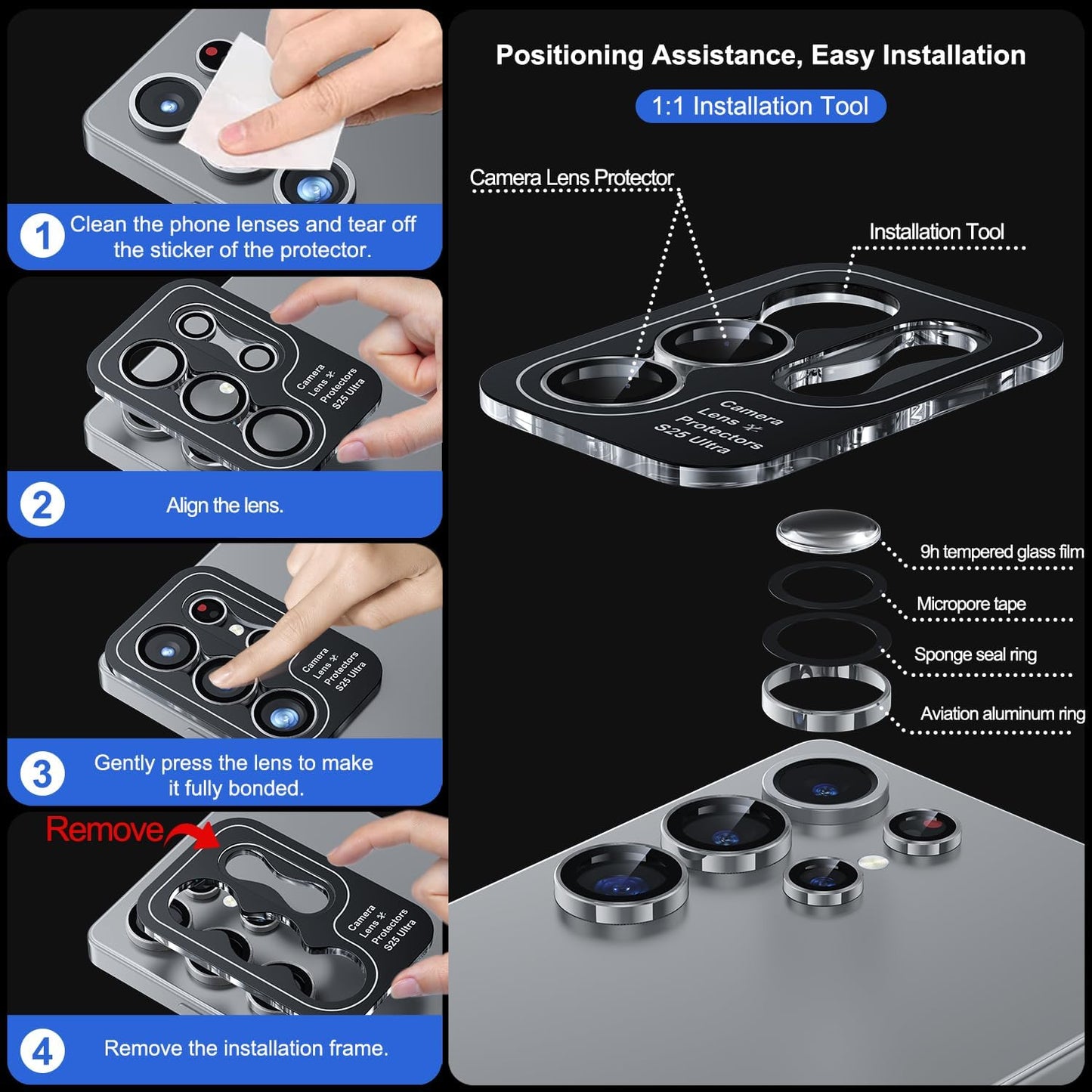 WSKEN for Samsung Galaxy S25 Ultra Camera Lens Protector - Ultra Thin Case Friendly, 9H Shatterproof Tempered Glass with Aluminum Metal Circle Camera Screen Protector Cover Accessories, Silver