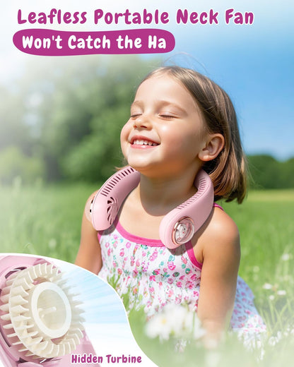 Neck Fan for Kids,Bladeless Portable Fan Rechargeable for 4-14Y Girls & Boys, 2400mAh USB Personal Cooling Mini Fan Rechargeable for Travel/Disney/Camping, 3 Speeds, Summer Essentials(Pink)