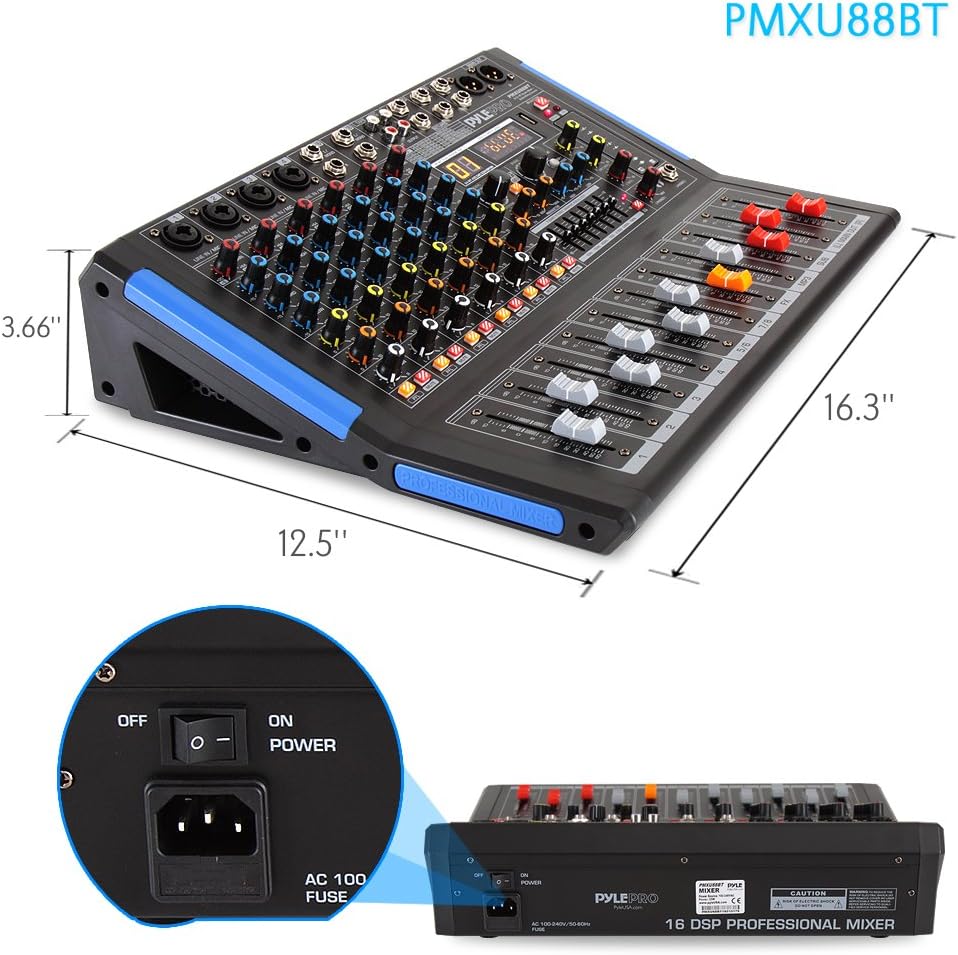 Pyle 8-Channel Bluetooth Studio Audio Mixer- DJ Sound Controller Interface w/ USB Drive for PC Recording Input, XLR Microphone Jack, 48V Power, RCA Input/Output for Professional & Beginners- PMXU88BT