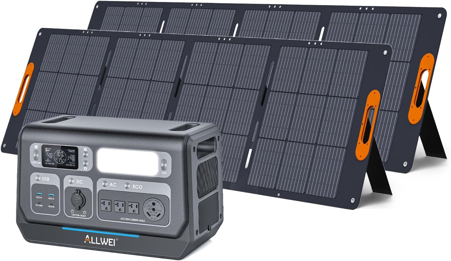 ALLWEI LiFePO4 Solar Generator 2400W(Surge 4800W) with 2x 200W Solar Panels, 2048Wh Portable Power Station, 4 AC Outlet, Expandable to 10240Wh, UPS Battery Generator for Outdoor RV Camping Home Use