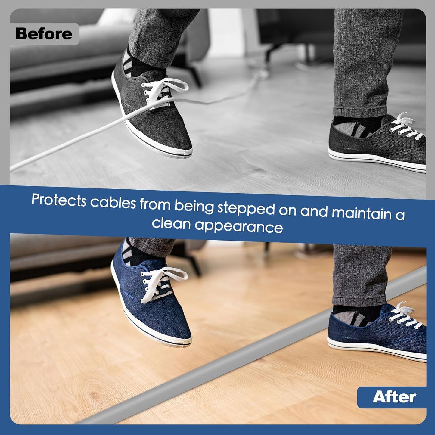 Floor Cord Cover for Wires on Floor Self Adhesive Cord Hider Floor Cable Management Wire Covers for Cords Protector Prevent Cable Trips Cord Cavity W 0.32" x H 0.32", Gray, 3.3Ft