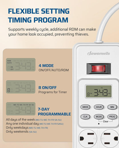 DEWENWILS 8 Outlet Power Strip with Timer (4 Timed/4 Always On), Indoor Digital Timer Outlet for Reptile Light, Turtle Grow Light, Bearded Dragon Tank, Aquarium, 6ft Flat Plug Cord, 15A, UL Listed