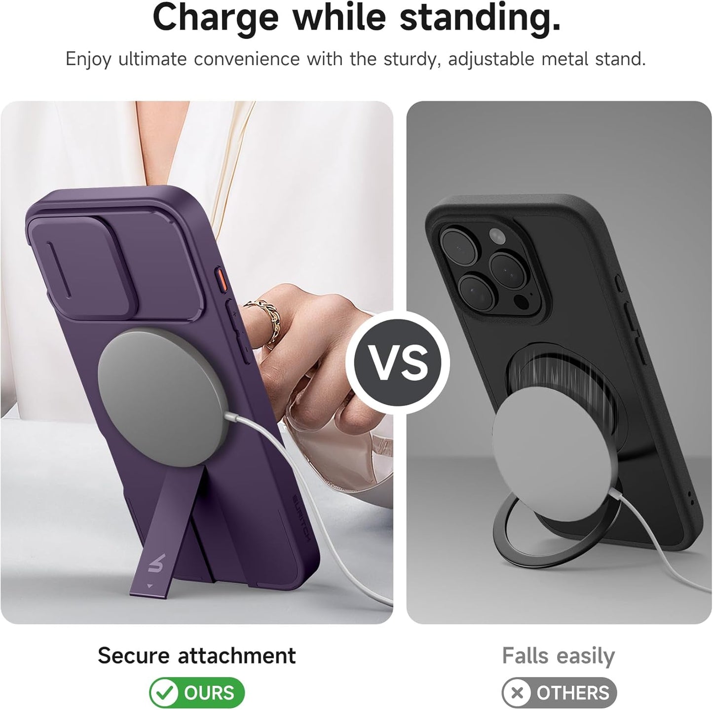SURITCH for iPhone 16 Pro Max Case with Magnetic Camera Slide Cover and Adjustable Kickstand, Compatible with MagSafe, Shockproof Bumper Case Slim Protective Cover 6.9 Inch, Dark Purple