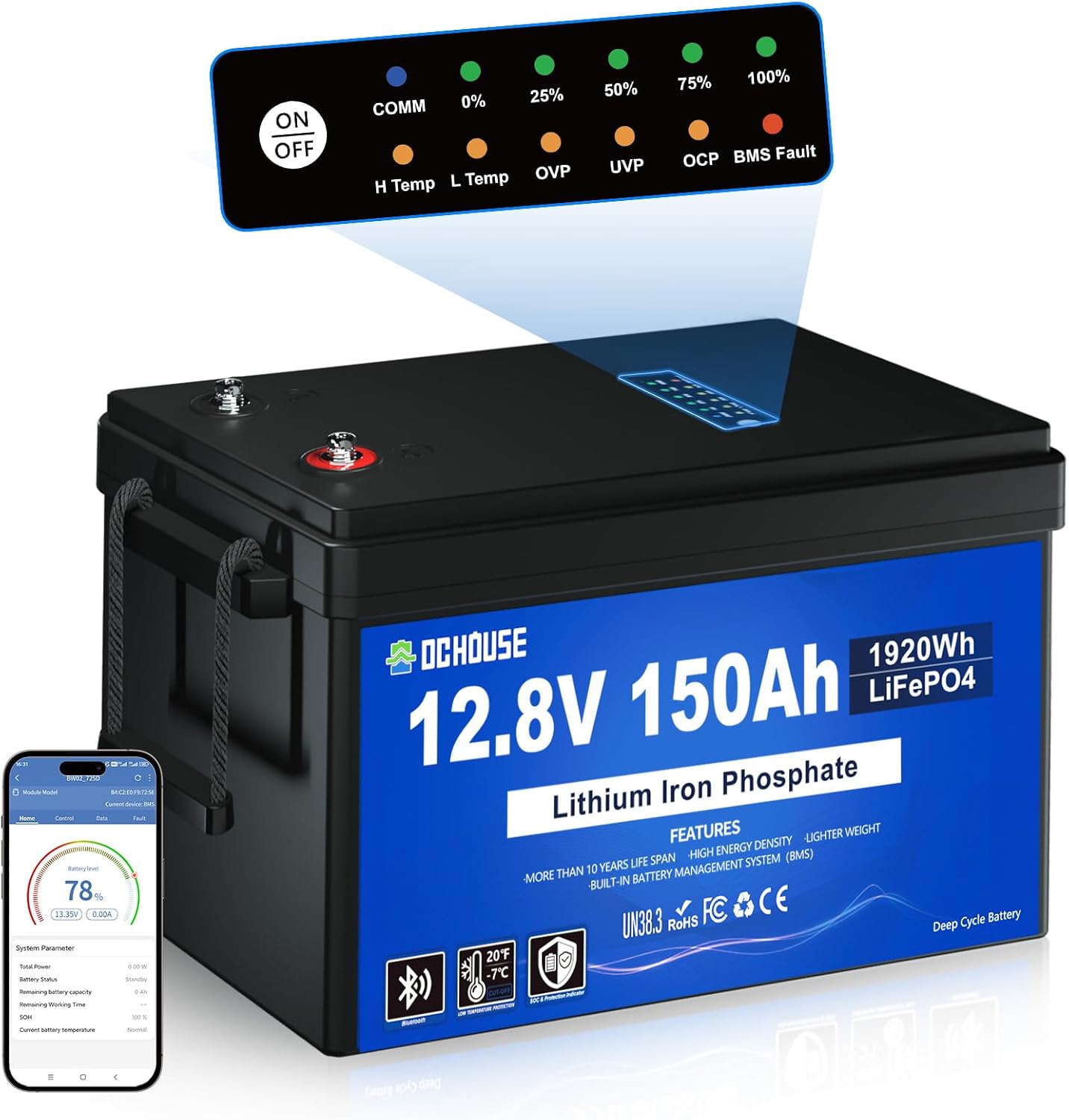 DC HOUSE 12V 150Ah LiFePO4 Lithium Battery with SOC Status Indicators, Bluetooth & Low Temp Cut-off, 12V Lithium Battery up to 15000 Cycles, 120A BMS Perfect for Trolling Motors, Marine, Boat, Solar