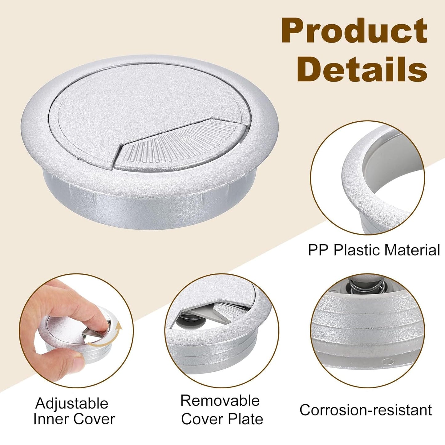 uxcell 8 Pcs 60mm (2.36 Inch) Desk Grommet, Plastic Cable Hole Cover, Wire Cord Cable Organizer for Home Office Computer Desk Cabinet, Silver