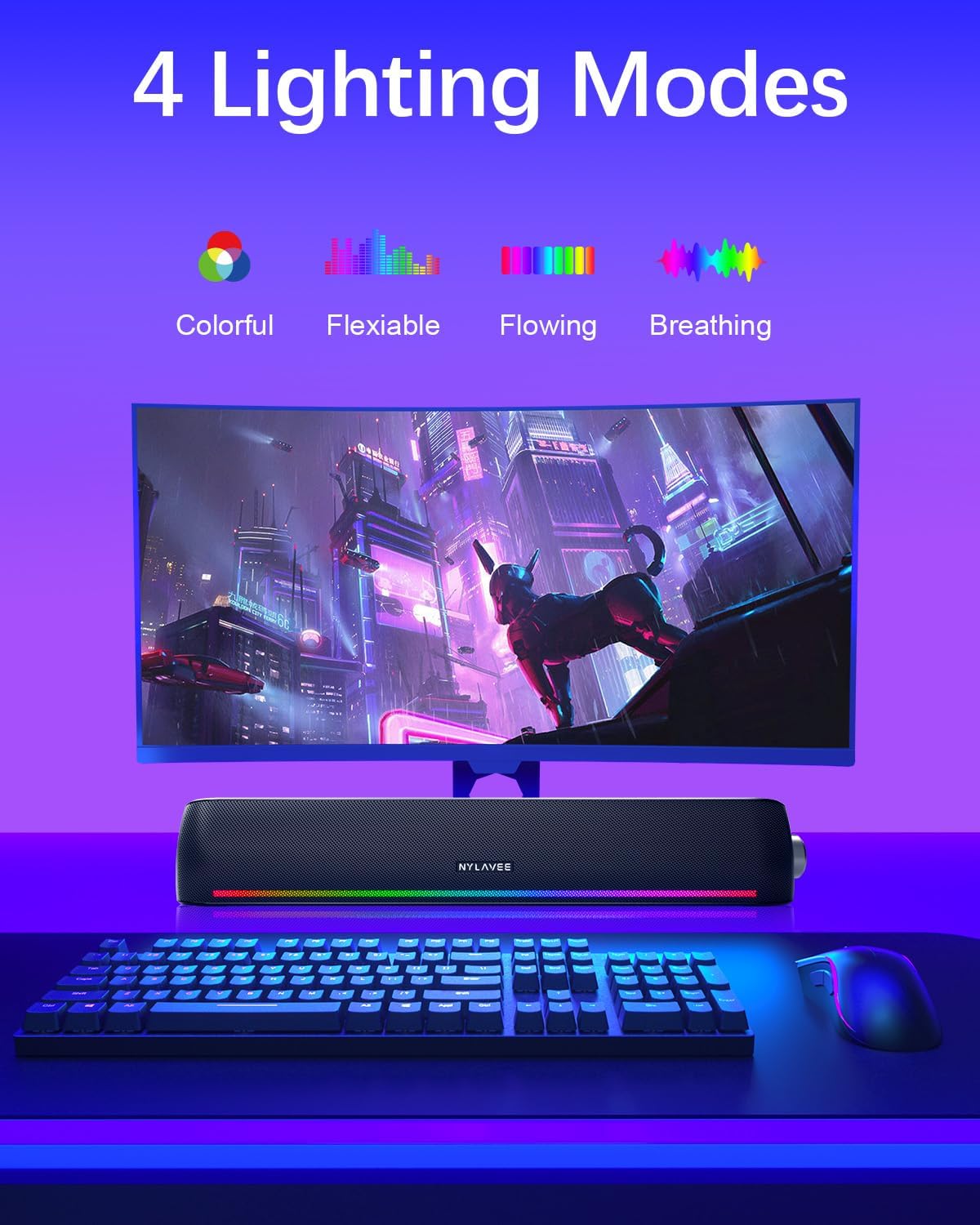 Computer Speakers, Hi-Fi Sound Quality Computer Sound Bar, Bluetooth 5.0 & 3.5mm Wired PC Speakers with 4 Dynamic Lighting Modes, USB Powered Speakers for PC, Desktop, Laptops, Phones, Monitors, Xbox