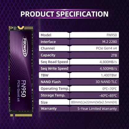 FN950 2TB NVMe SSD M.2 2280 PCIe Gen4x4, Up to 4800MB/s, Internal Solid State Drive, Configure SLC Cache, Storage and Memory Expansion for PS5 Laptop Desktop