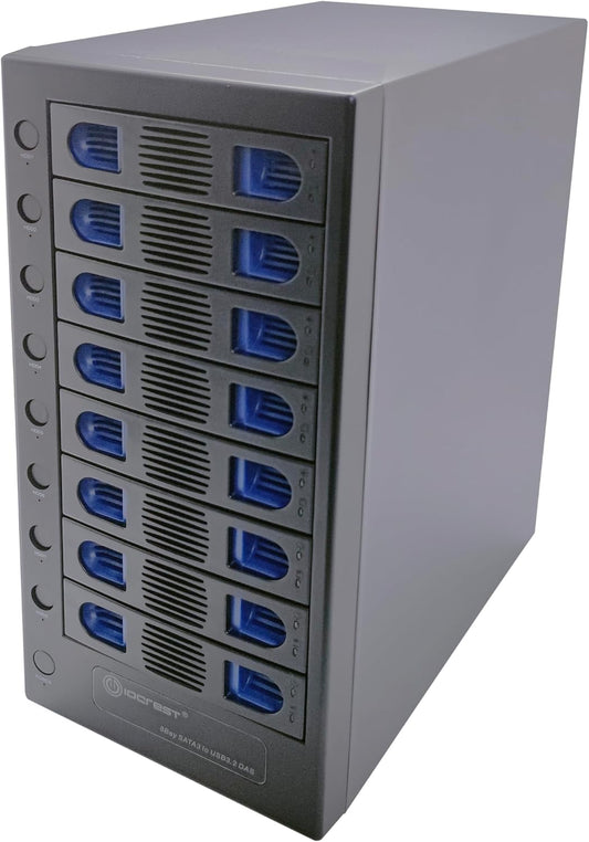 8 Bay Tool Less Tray Hot Swapable 2.5" and 3.5" SATA Hard Drive External USB-C 3.2 (10Gbps) Hard Drive Enclosure. Support up to 8X 22TB Capacity.