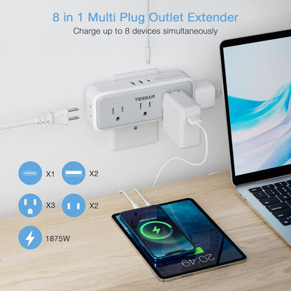 Multi Plug Outlet Extender, USB C Wall Charger, TESSAN Wall Plug Splitter with 5 Outlets and 3 USB, Electrical Power Expander with Surge Protector Spaced for Home Office Dorm Room