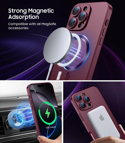 Magnetic for iPhone 16 Pro Case [Compatible with MagSafe][Built-in Camera Lens Protector] Slim Soft Silicone Bumper Shockproof Metallic Luster Phone Case (Burgundy)