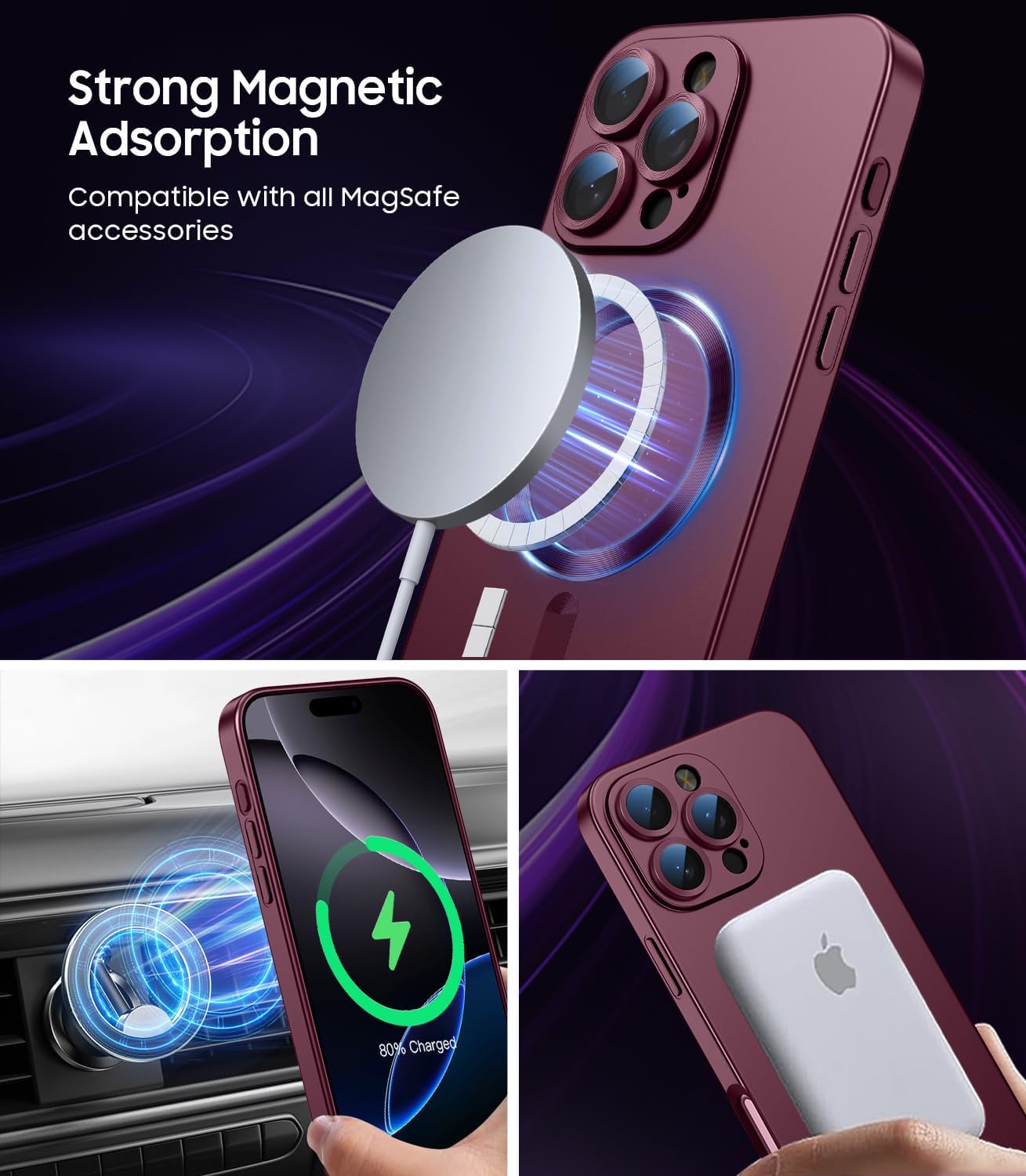 Magnetic for iPhone 16 Pro Max Case [Compatible with MagSafe][Built-in Camera Lens Protector] Slim Soft Silicone Bumper Shockproof Metallic Luster Phone Case (Burgundy)