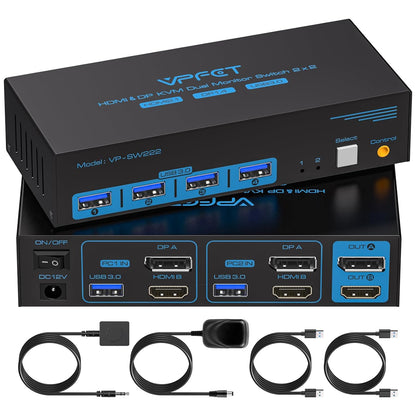 4K@120Hz Kvm Switch 2 Monitors 2 Computers 8K@60Hz HDMI Displayport Dual Monitor KVM Switches 2 Ports for 2 PC Share Mouse Keyboard and 2 Screens with USB 3.0 Cables and Extended Controller