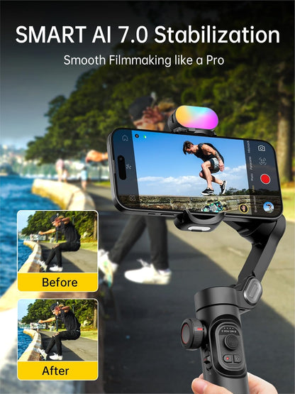 Phone Gimbal Stabilizer 3-Axis Smartphone Foldable Handheld Gimbal for iPhone with Focus Wheel TikTok YouTube Vlog Stabilizer for iPhone16 15 14 13 12 Pro Max Android-Smart XE