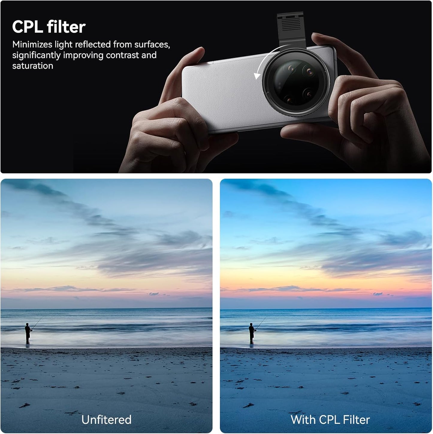 APEXEL CPL Filter 67mm Circular Polarizer Polarizing Filter for iPhone/DSLR for iPhone Camera Lens 16 15 14 13 12 Pro Max Samsung Galaxy Huawei with Adapter Ring, Universal Clip, Cold Shoe