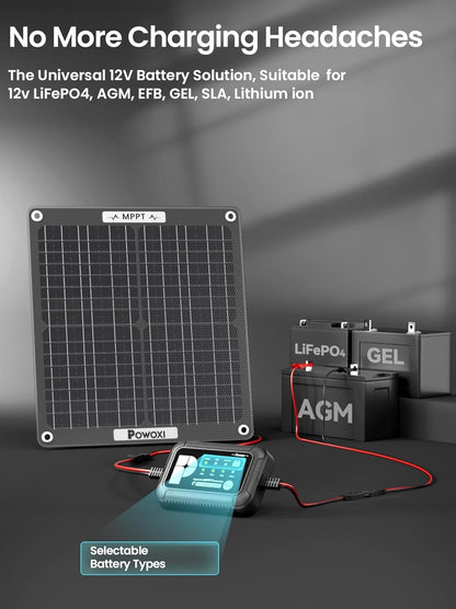 POWOXI 30W Solar Battery Charger: 12V Solar Car Battery Trickle Maintainer - with MPPT Controller Parameter Adjustable - for RV Boat Marine Motorcycle Trailer Truck Tractor - Solar Panel Kit