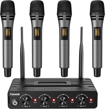 TONOR Wireless Microphones System with 4x10 Channels Cordless Handheld Microfono Inalambrico, 200FT UHF Range, Mics with Stable Signal Transmission for Karaoke Singing Party Church Wedding PA Speaker