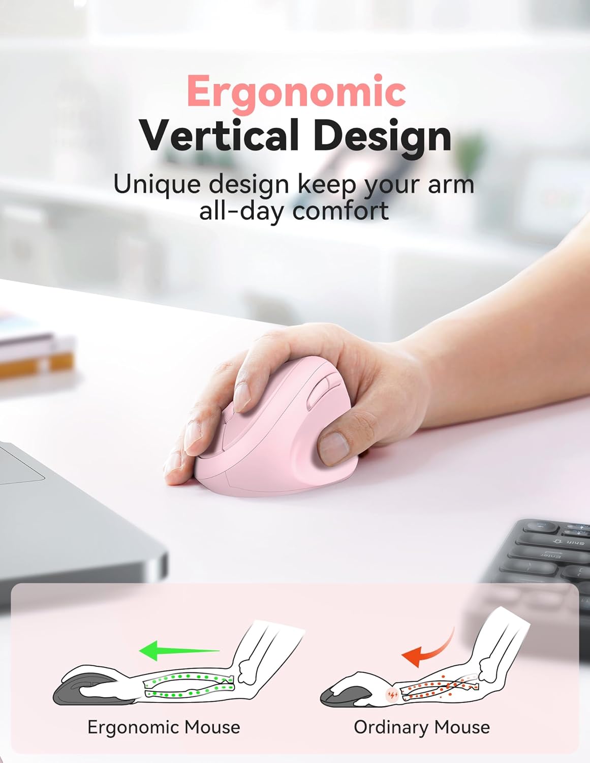 TECKNET Ergonomic Mouse, 4800 DPI Wireless Vertical Mouse, 5 Adjustable DPI Levels, 6 Buttons, 2.4G Silent Wireless Mouse for Laptop, PC, Chromebook - Pink
