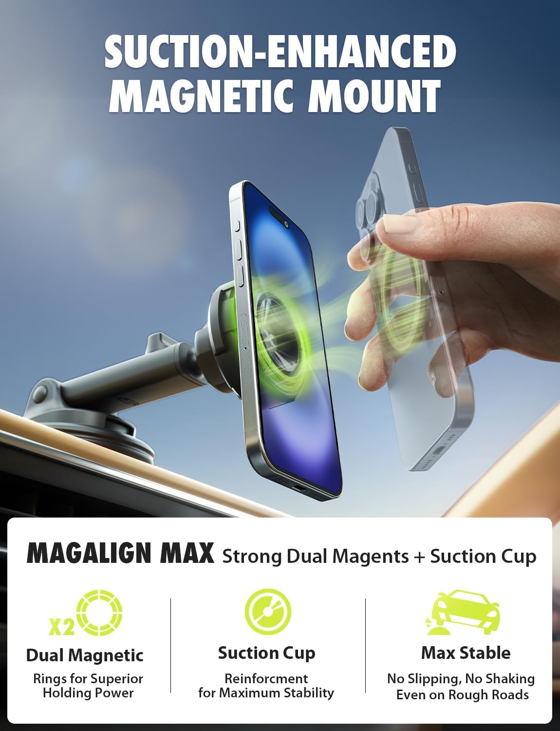 Bracketron MagSafe Car Mount,MagAlign Max Magnetic Phone Holder for Car Windshield & Dashboard,360 Vacuum Suction Magnetic Car Phone Holder for iPhone 16 Pro Max 15 14 13 12 - MagSafe Car Accessories