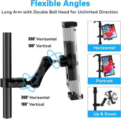 Treadmill Tablet iPad Holder, Aluminum Indoor Exercise Bike Handlebar Mount Clamp for Stationary Elliptical Bicycle Peloton Spin Bike Stroller, Compatible with 4.7"-12.9" Tablets/iPad/Phones