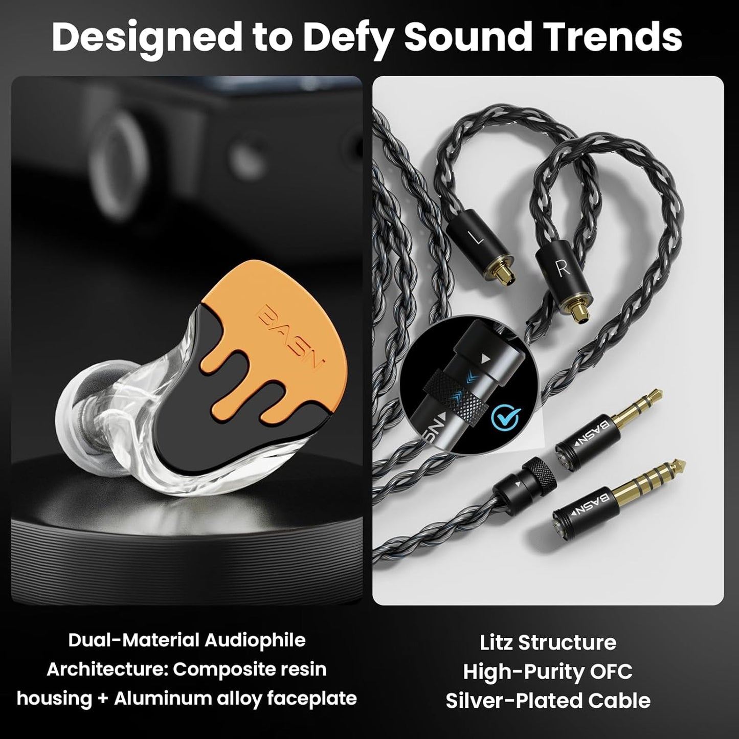 BASN BmasterX in Ear Audio Monitor, Hybrid 6 Drivers IEM Earphones with Crystal Clear Sound, Detachable Cable Plus Carrying Case & Fit Kit for Musician, Stage, Studio (3.5mm/4.4mm Jack, Orange/Black)