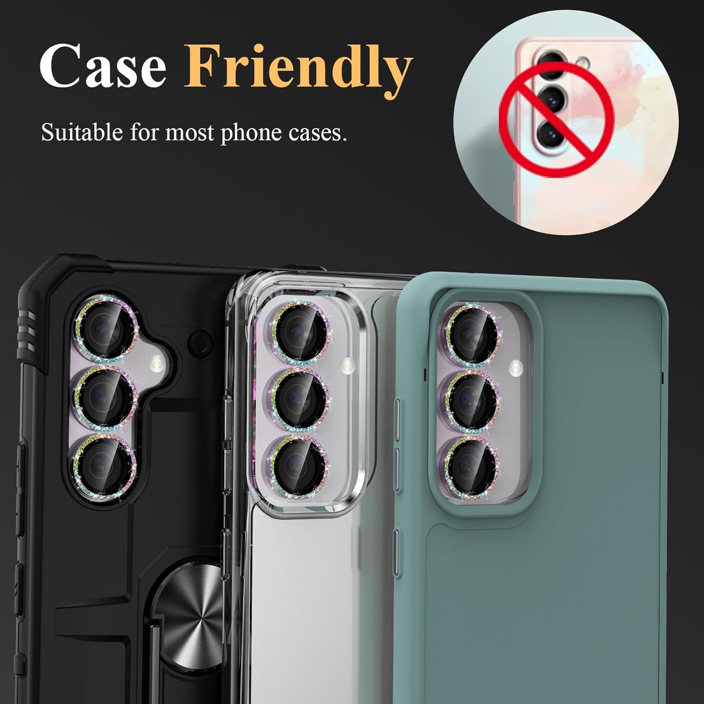 YWXTW Camera Lens Protector for Samsung Galaxy S24 / S23 / S23 Plus, [NOT for S24 Plus] 9H Tempered Glass Metal Individual Ring Camera Screen Protector for S24 Accessories (Colored Glitter)