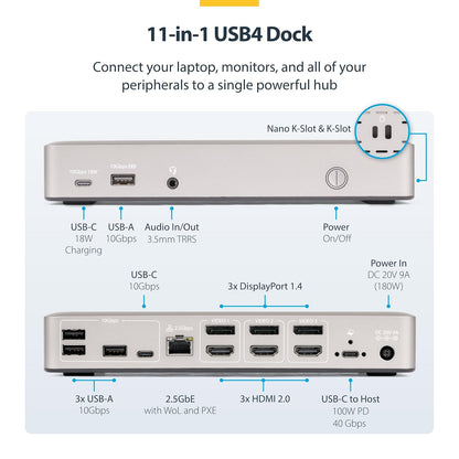 StarTech.com USB-C Docking Station (USB4), Triple 4K 60Hz Monitors, Up to 100W Laptop Charging, 2.5GbE, Driverless, Not macOS Compatible