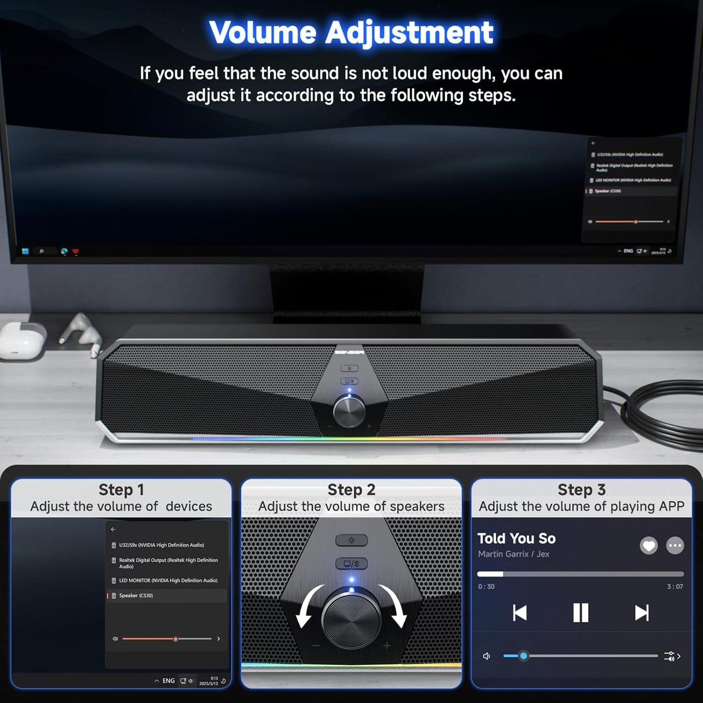 SENZER CS30 Bluetooth Computer Speakers for Desktop, USB Plug & Play PC Speakers with Dynamic LED Light, Stereo Sound Soundbar for Desktop Laptop Monitor (USB-C Adapter Included)