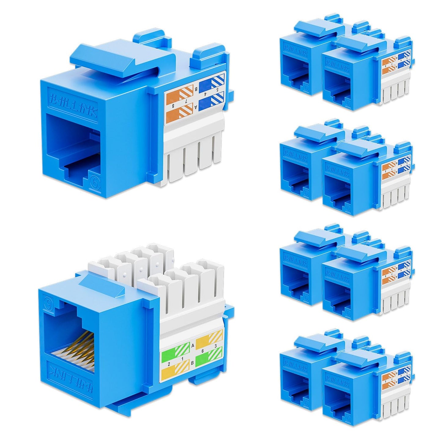 Iwillink 10Gbps Cat6 Keystone Jack 10-Pack, RJ45 90-Degree Ethernet Coupler, Punch Down Adapter (Blue)