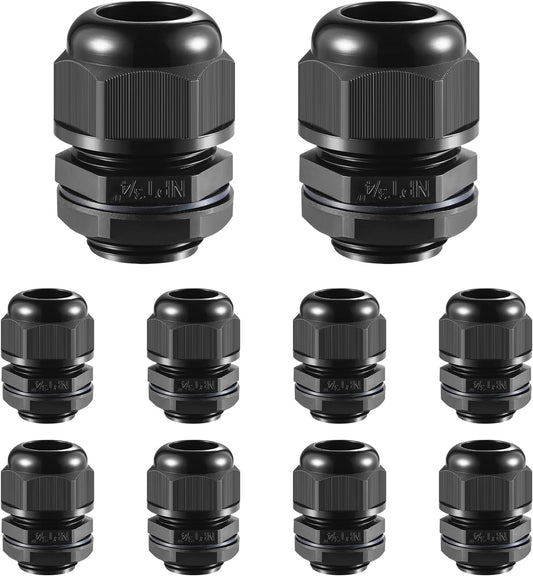 10 PCS 3/4"(12.5-18mm) NPT Nylon Cable Gland Joints with Gaskets, IP68 Adjustable Lock Nut Strain Relief Cord Grip Waterproof Cable Glands - UL Listed and RoHS Compliant